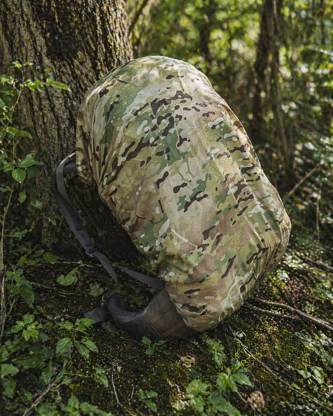 MultiCam OCP pack cover blending into treeline - effective camouflage for saddle hunters and military field operations